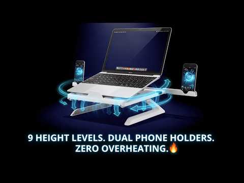 Portable Laptop Stand Adjustable Height | 9 Levels Multi-Angle Riser with Dual Phone Holders | Fits 10"–17" Laptops YouTube Video
