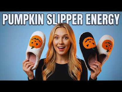 Halloween Slippers with Pumpkin Design – Fuzzy Closed-Toe, Slip-On House Slippers in Black or White for Spooky Season Lounging YouTube Video
